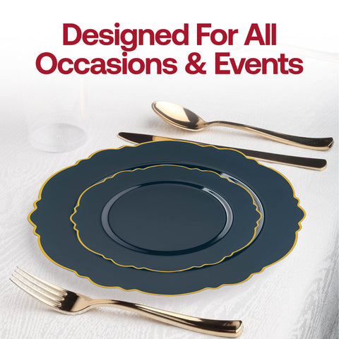 Navy with Gold Rim Round Blossom Disposable Plastic Dinner Plates (10.25