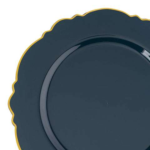 Navy with Gold Rim Round Blossom Disposable Plastic Dinner Plates (10.25
