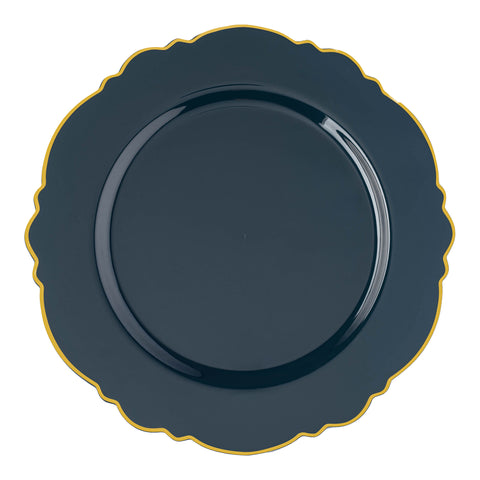 Navy with Gold Rim Round Blossom Disposable Plastic Dinner Plates (10.25