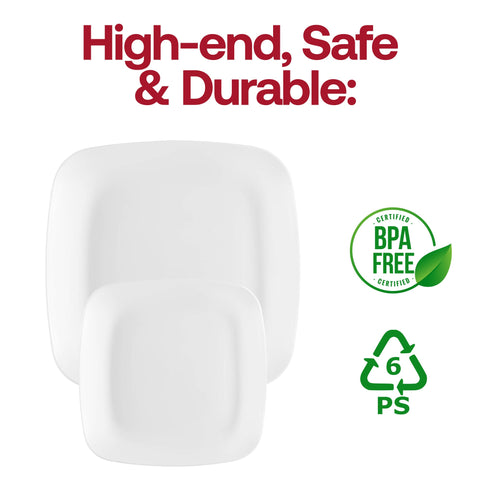 Solid White Flat Rounded Square Disposable Plastic Buffet Plates (8.5