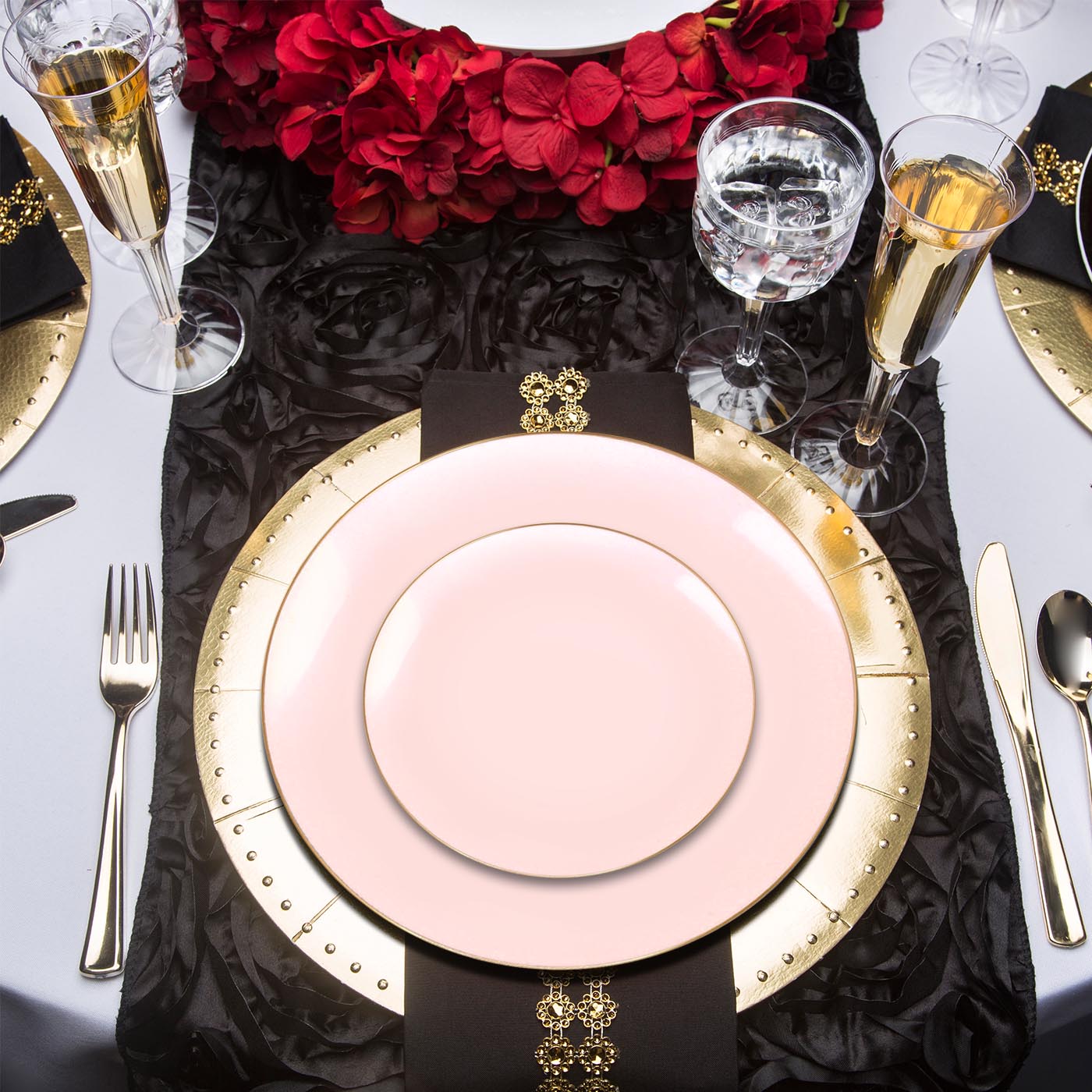 Pink with Gold Organic Round Plastic Disposable Dinner Plates (10.25")