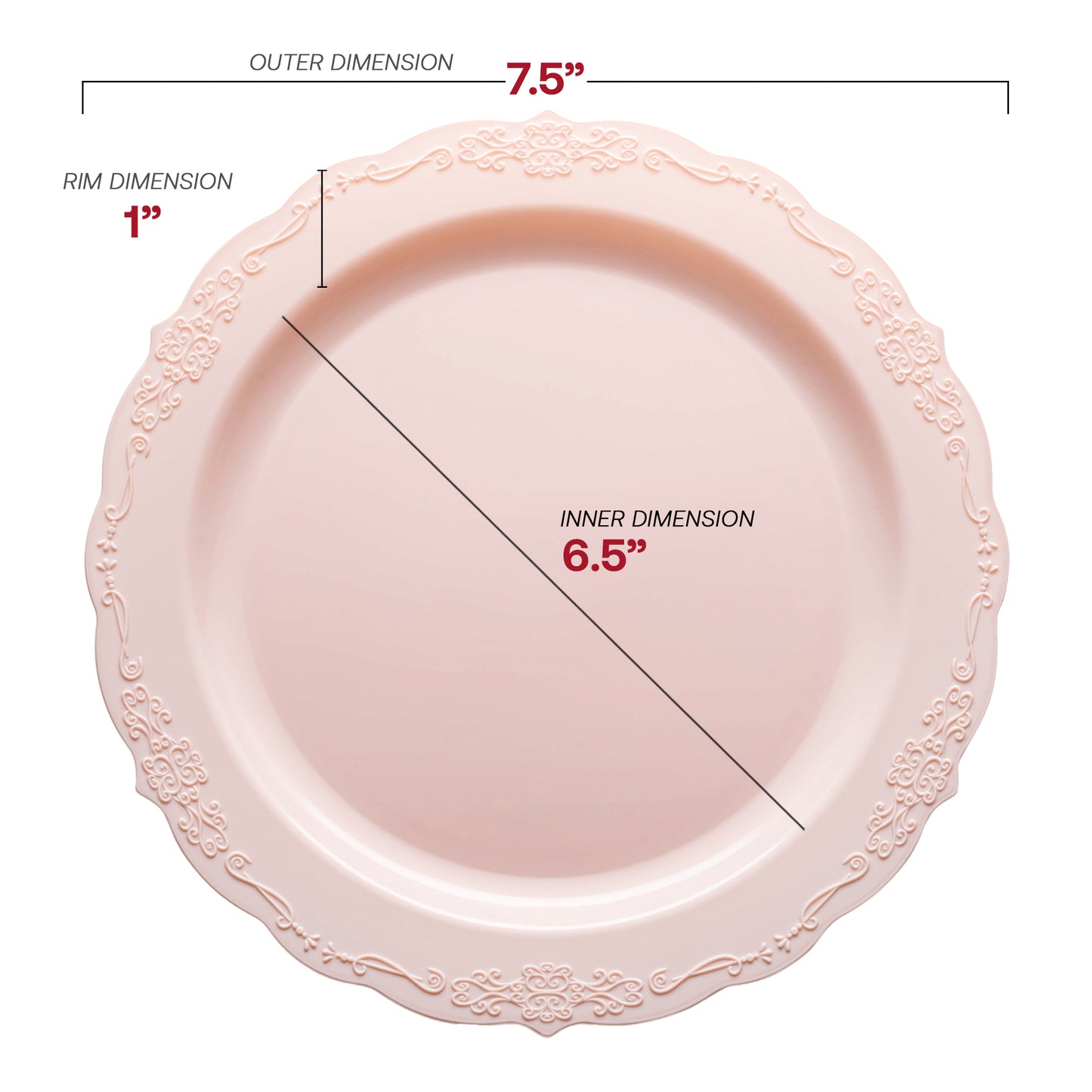Pink Vintage Round Disposable Plastic Appetizer/Salad Plates (7.5") Dimension | The Kaya Collection