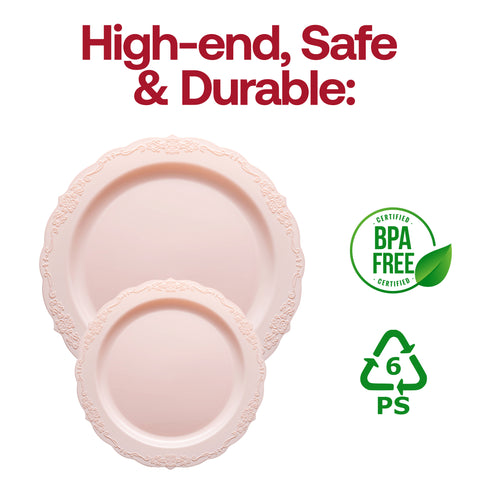 Pink Vintage Round Disposable Plastic Dinner Plates (10