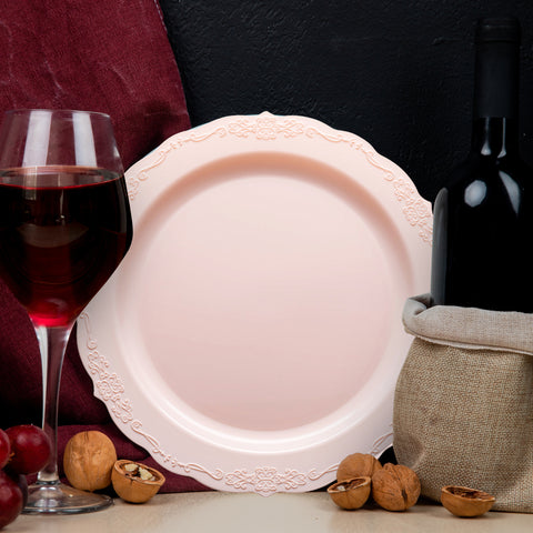Pink Vintage Round Plastic Disposable Dinner Plates (10