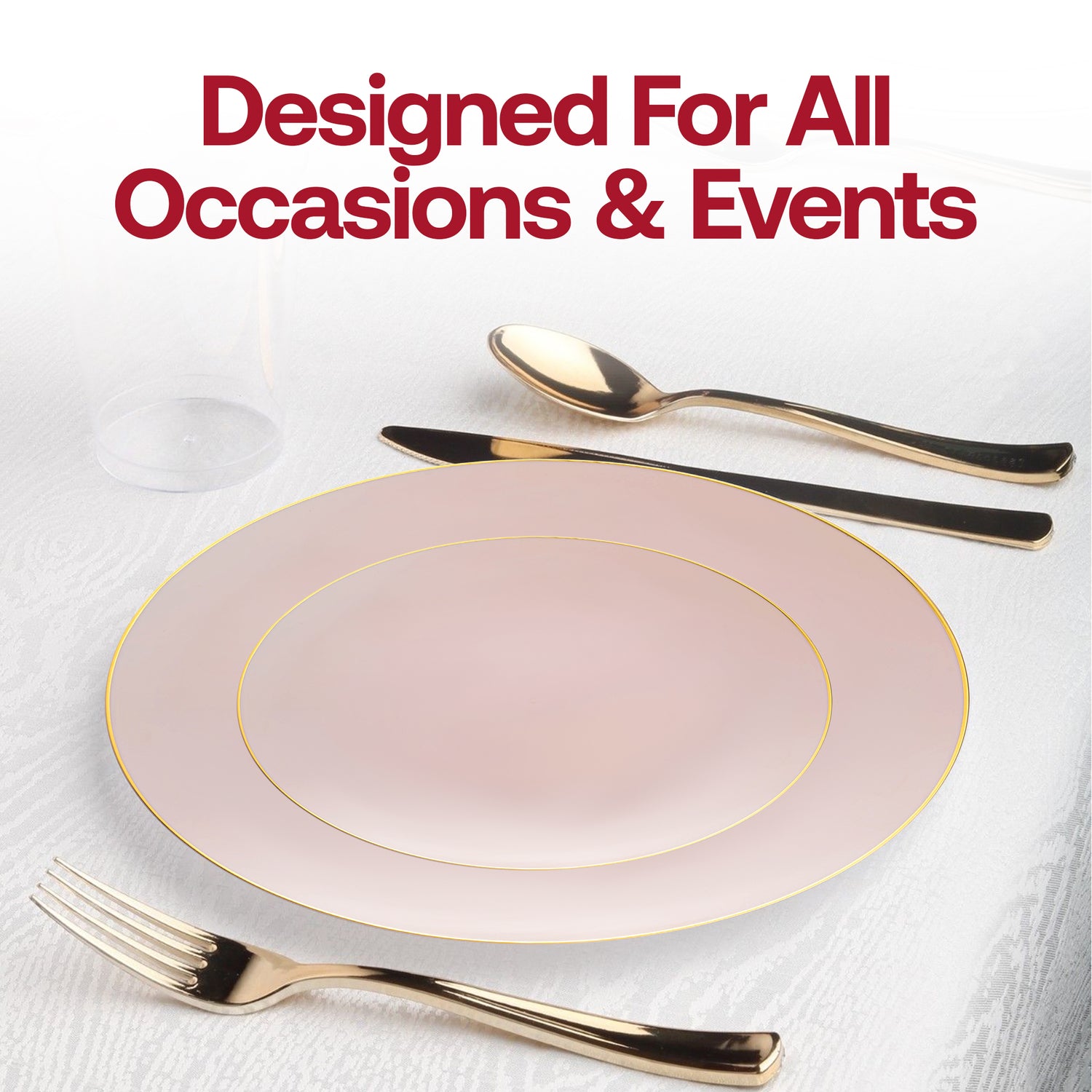 Pink with Gold Rim Organic Round Disposable Plastic Appetizer/Salad Plates (7.5") Lifestyle | The Kaya Collection