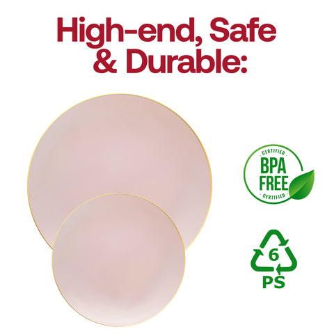 Image featuring two round, pink with gold rim organic plastic disposable dinner plates (10.25 inches). Text at the top reads 