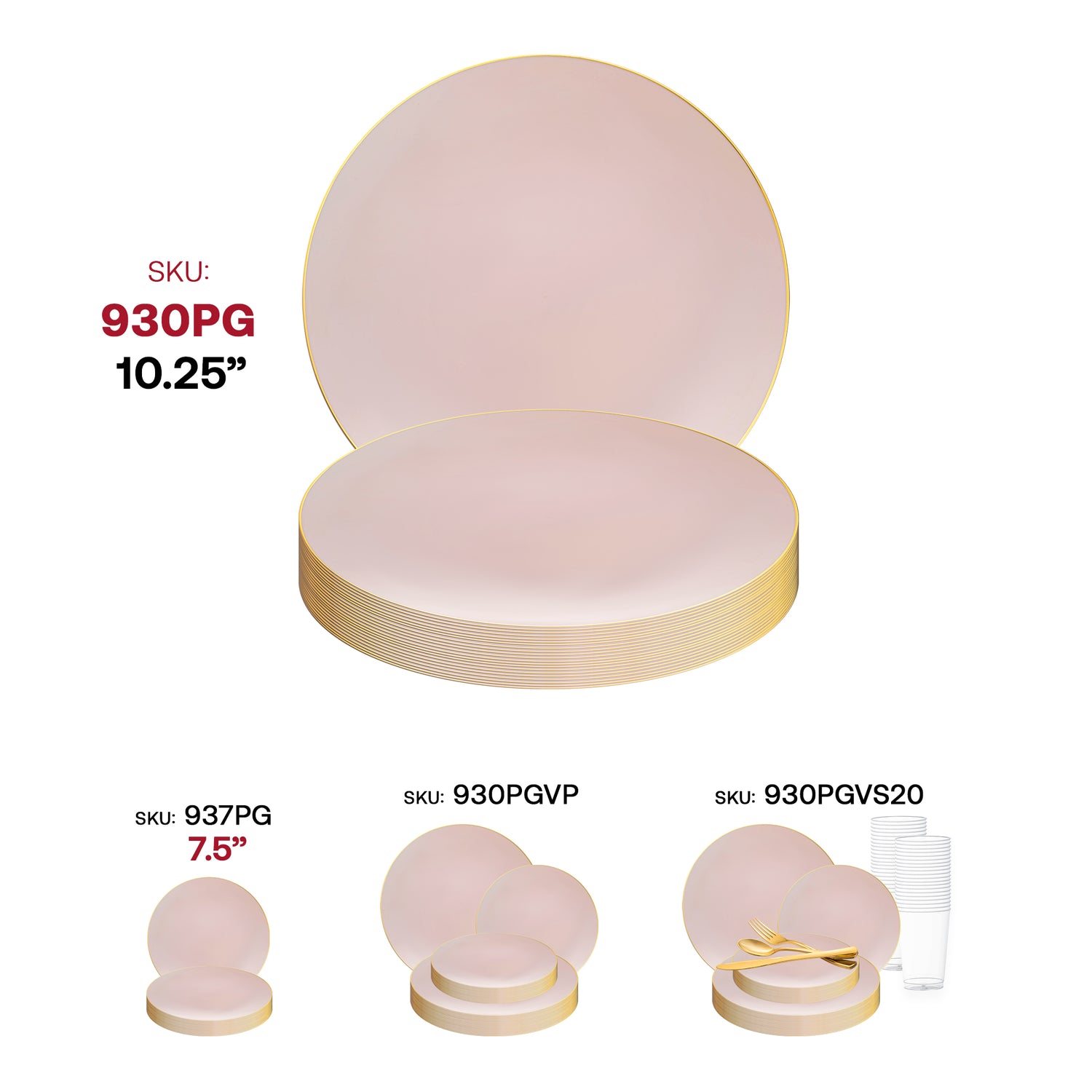 The image displays various sets of pink dinnerware items with gold trim, including Pink with Gold Organic Round Plastic Disposable Dinner Plates (10.25") (SKU: 930PG), a 7.5-inch dessert plate (SKU: 937PG), a set of plates and plastic cutlery (SKU: 930PGVP), and disposable dinner plates complete with cups (SKU: 930PGVS20).