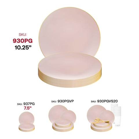 The image displays various sets of pink dinnerware items with gold trim, including Pink with Gold Organic Round Plastic Disposable Dinner Plates (10.25