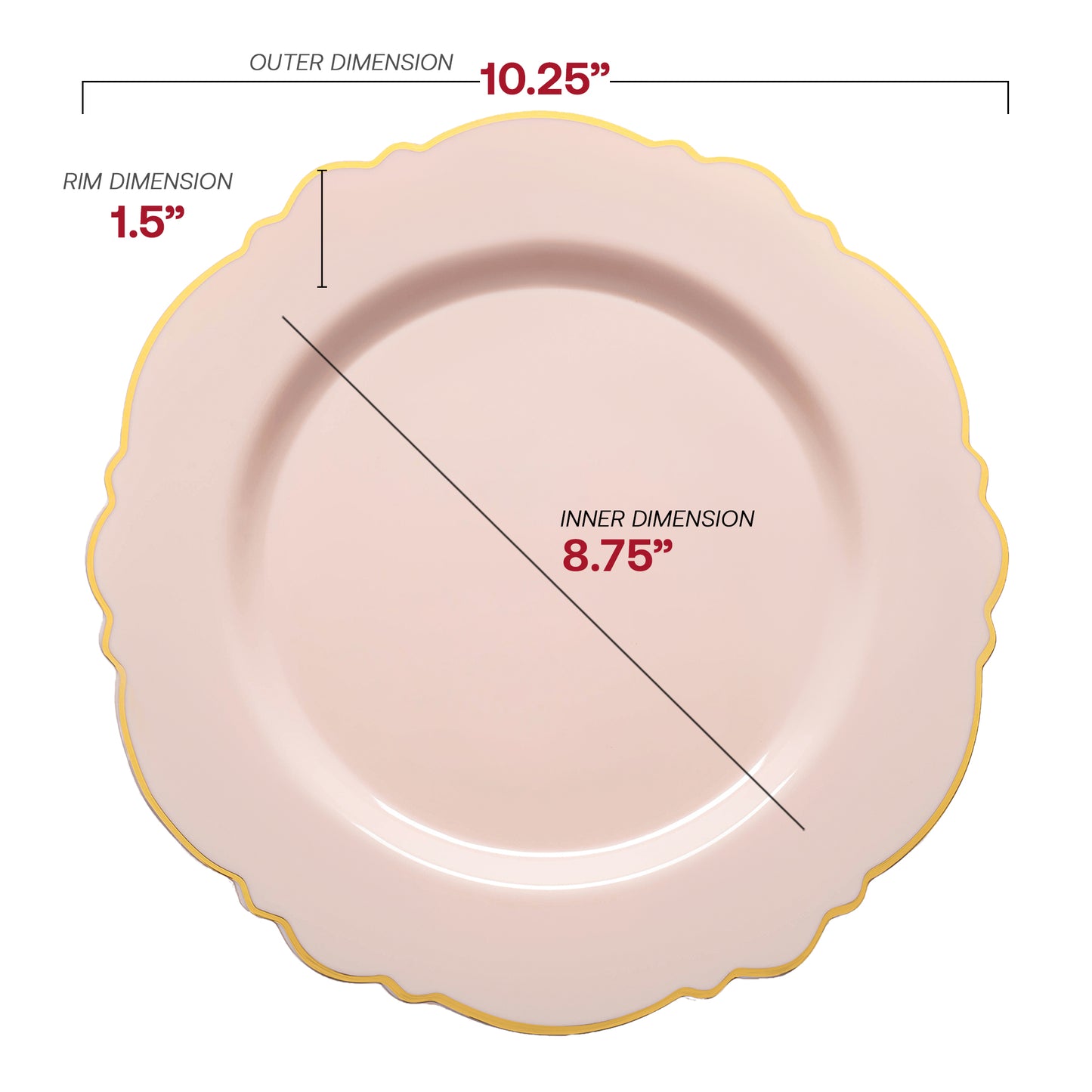Pink with Gold Rim Round Blossom Disposable Plastic Dinner Plates (10.25") Dimension | The Kaya Collection