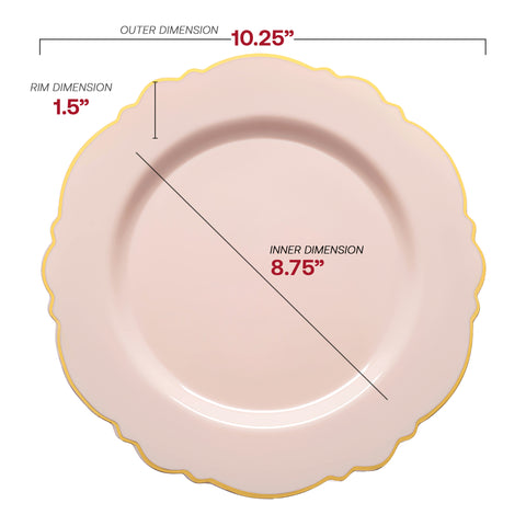Pink with Gold Rim Round Blossom Plastic Dinner Plates (10.25