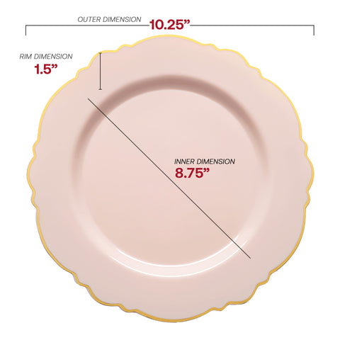 Pink with Gold Rim Round Blossom Disposable Plastic Dinner Plates (10.25