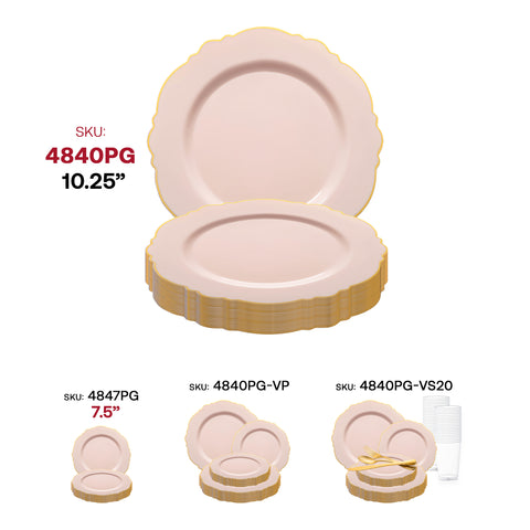 Pink with Gold Rim Round Blossom Plastic Dinner Plates (10.25