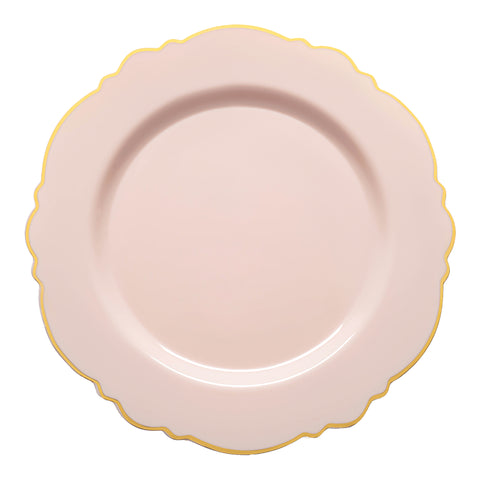 Pink with Gold Rim Round Blossom Disposable Plastic Dinner Plates (10.25
