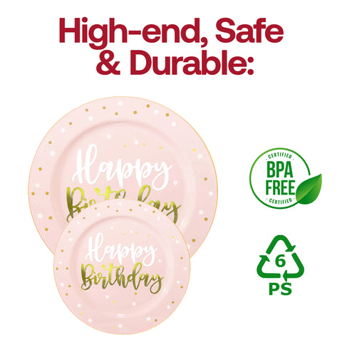 Pink with White and Gold Birthday Round Plastic Dinner Plates (10.25