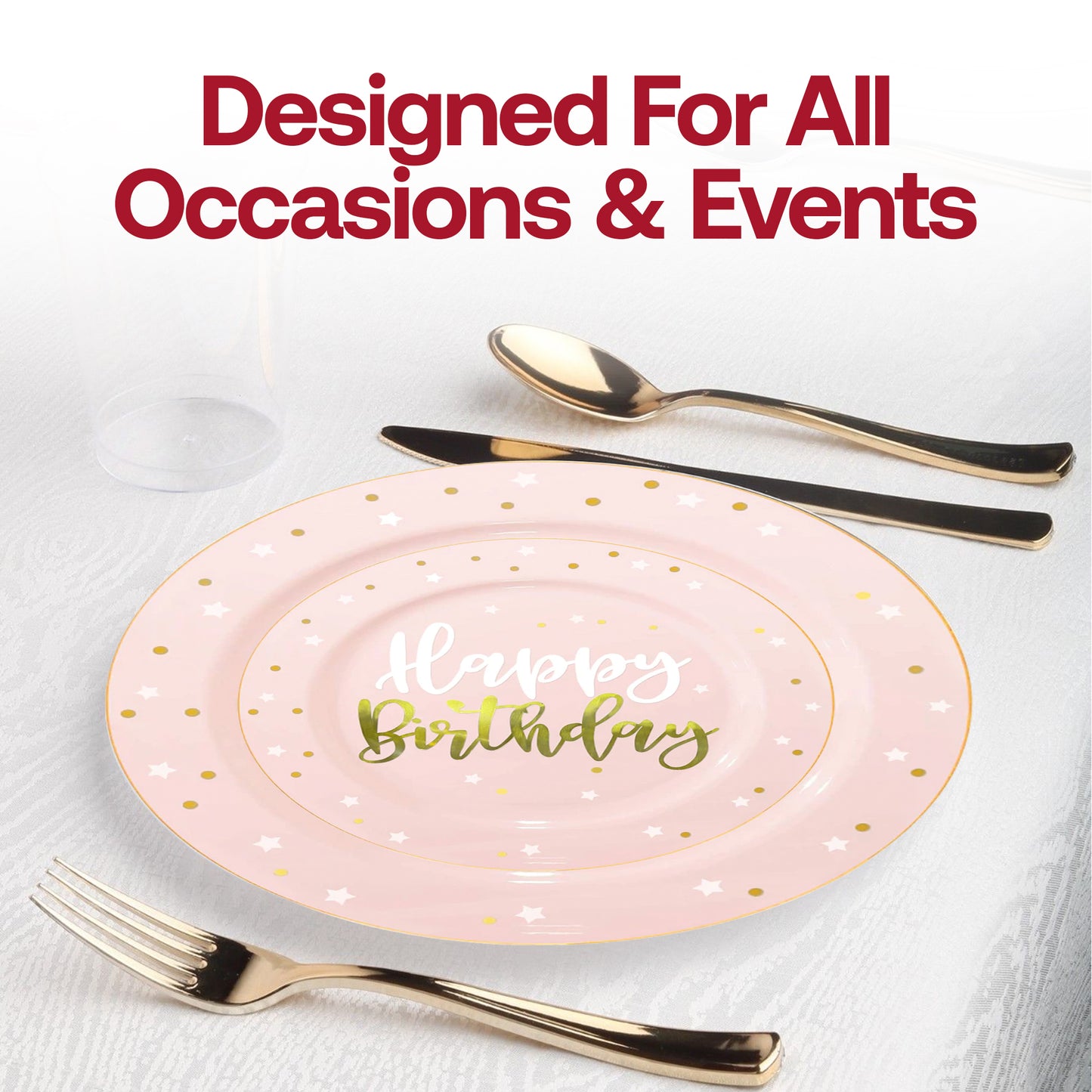 Pink with White and Gold Birthday Round Plastic Dinner Plates (10.25")