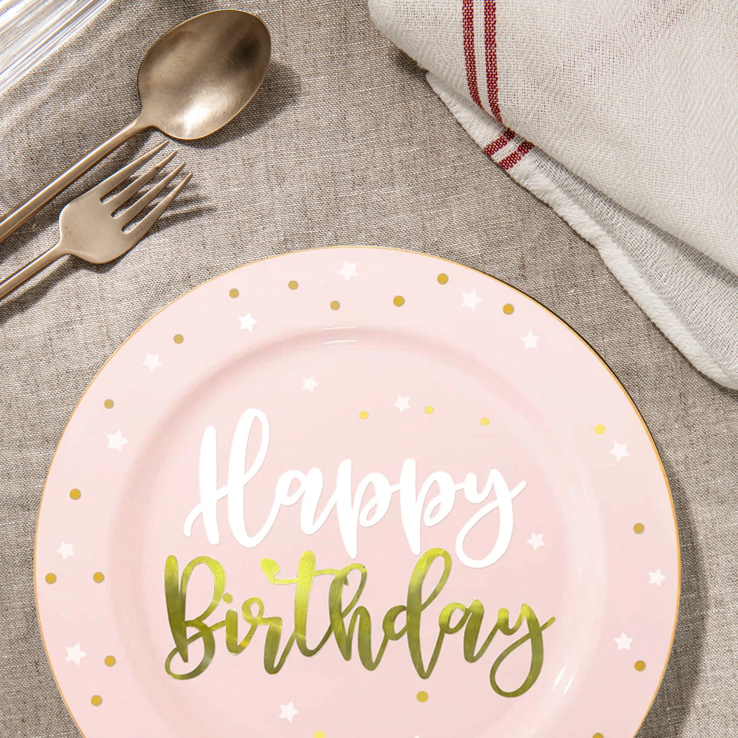Pink with White and Gold Birthday Round Plastic Dinner Plates (10.25")