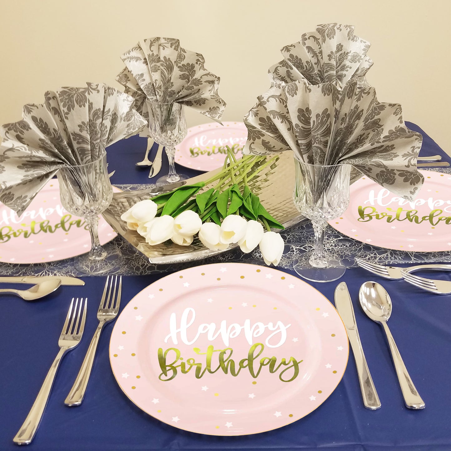 Pink with White and Gold Birthday Round Plastic Dinner Plates (10.25")