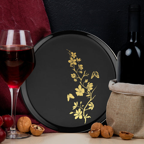 Black with Gold Floral Round Plastic Dinner Plates (10