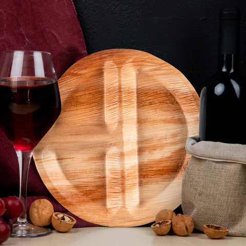 3-Partition Round Palm Leaf Eco Friendly Dinner Plates (10