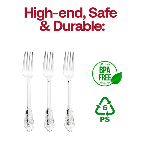 Shiny Baroque Silver Plastic Forks BPA | The Kaya Collection