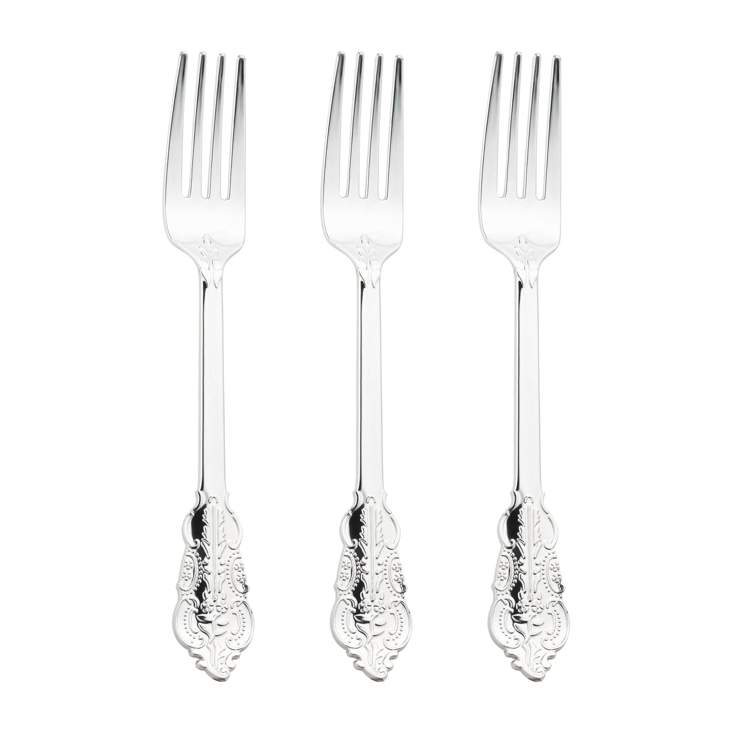 Shiny Baroque Silver Plastic Forks Secondary | The Kaya Collection
