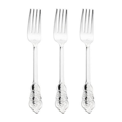 Shiny Baroque Silver Plastic Forks Secondary | The Kaya Collection