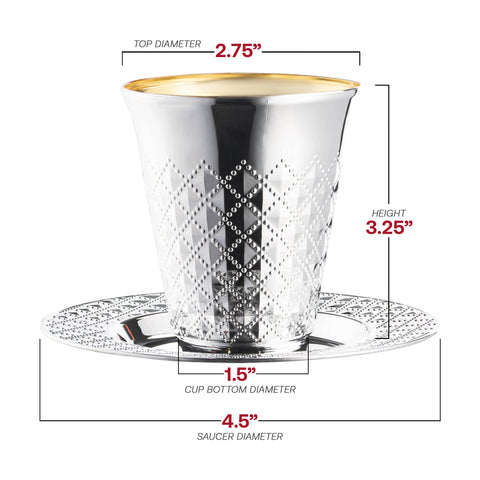 Shiny Metallic Aluminum Silver Round Plastic Saucers and Kiddush Cup Value Set | The Kaya Collection