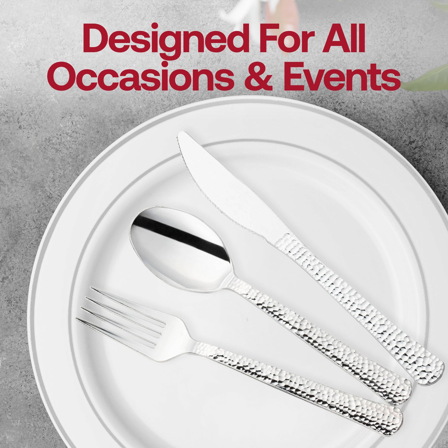 Shiny Metallic Silver Hammered Plastic Knives Lifestyle | The Kaya Collection