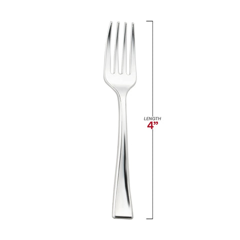 Shiny Metallic Silver Mini Plastic Disposable Tasting Forks Dimension | The Kaya Collection