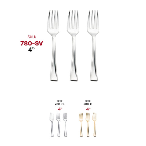 Shiny Metallic Silver Mini Plastic Disposable Tasting Forks SKU | The Kaya Collection