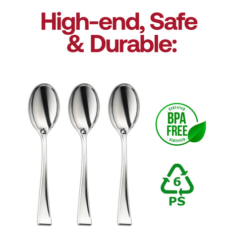 Shiny Metallic Silver Mini Plastic Disposable Tasting Spoons BPA | The Kaya Collection