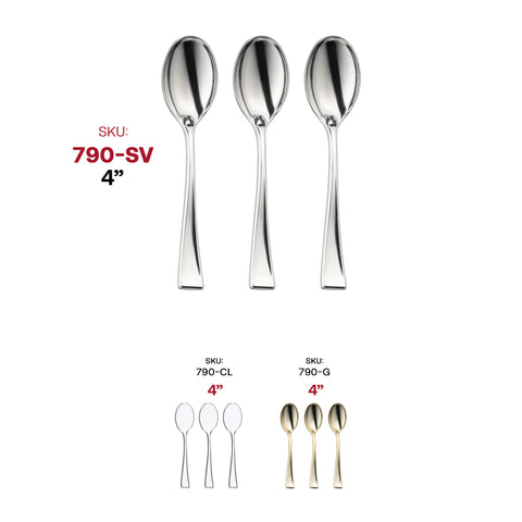 Shiny Metallic Silver Mini Plastic Disposable Tasting Spoons SKU | The Kaya Collection