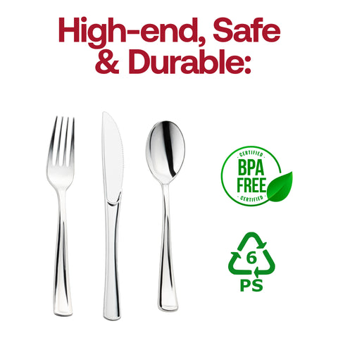 Shiny Metallic Silver Disposable Plastic Cutlery Combo Set
