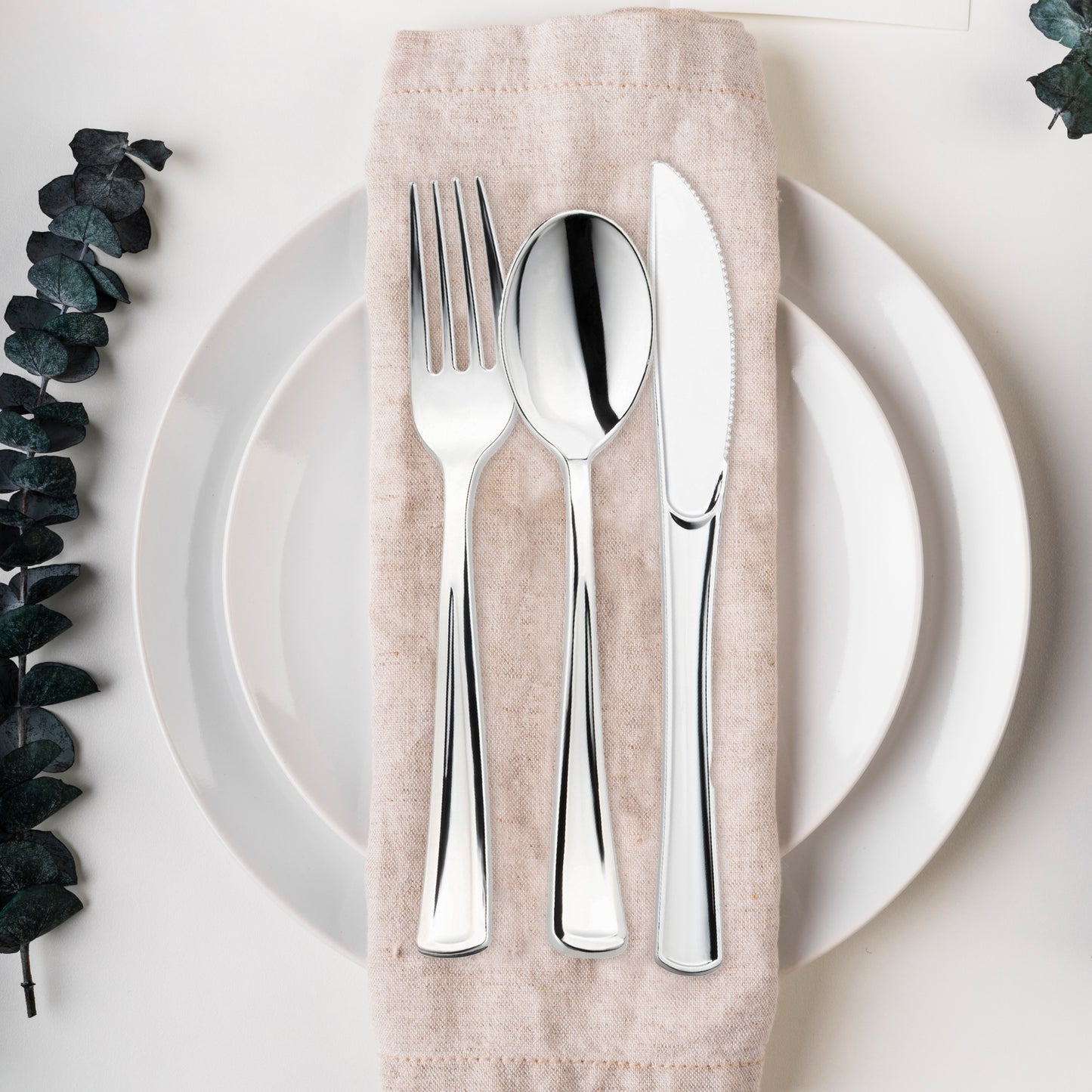 Shiny Metallic Silver Disposable Plastic Cutlery Combo Set