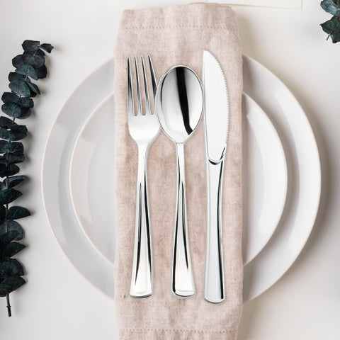 Shiny Metallic Silver Disposable Plastic Cutlery Combo Set