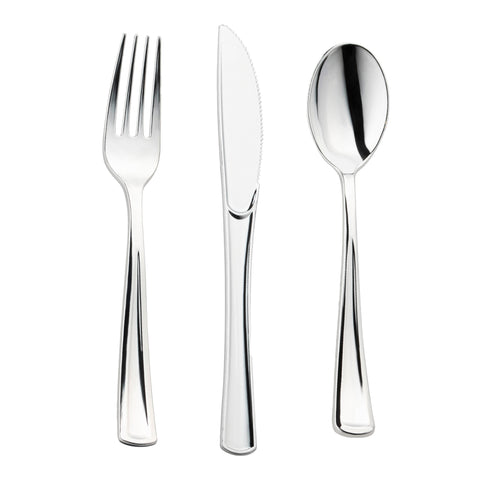 Shiny Metallic Silver Disposable Plastic Cutlery Combo Set
