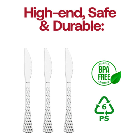 Shiny Silver Glamour Cutlery Disposable Plastic Knives | The Kaya Collection