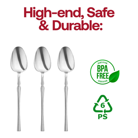 Shiny Metallic Silver Moderno Disposable Plastic Dessert Spoons