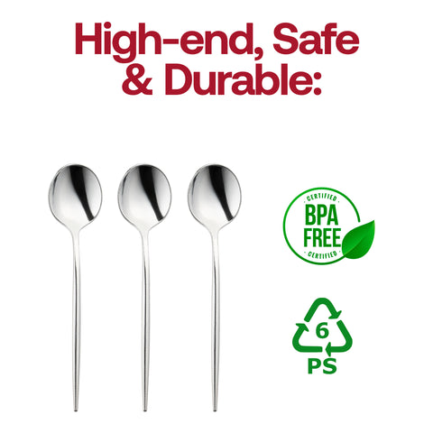 Shiny Silver Moderno Disposable Plastic Dessert Spoons BPA | The Kaya Collection