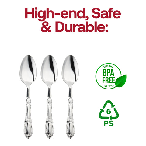 Silver Baroque Disposable Plastic Dinner Spoons BPA | The Kaya Collection