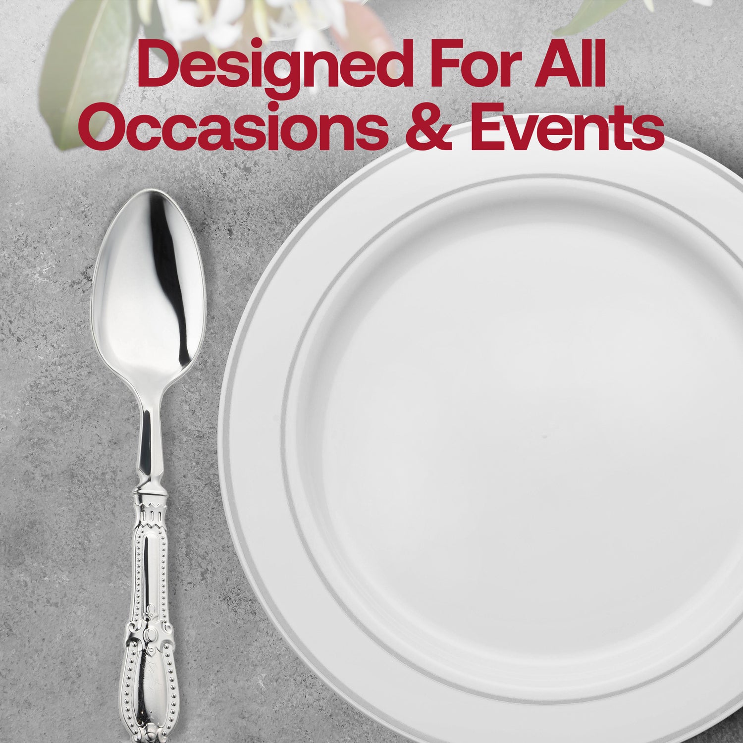 Silver Baroque Disposable Plastic Dinner Spoons Lifestyle | The Kaya Collection