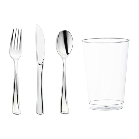 Silver Disposable Plastic Cutlery and Cup Set
