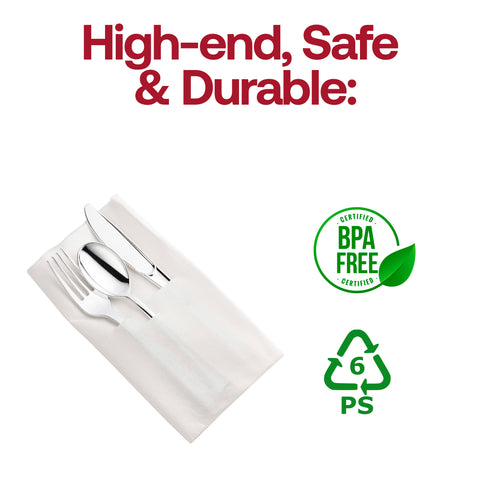 Silver Disposable Plastic Cutlery in White Pocket Napkin Set - 7 Napkins, 7 Forks, 7 Knives, and 7 Spoons