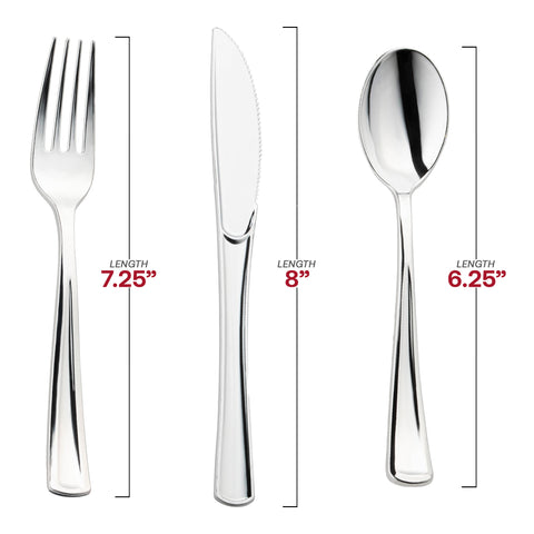 Silver Disposable Plastic Cutlery in White Pocket Napkin Set - 7 Napkins, 7 Forks, 7 Knives, and 7 Spoons
