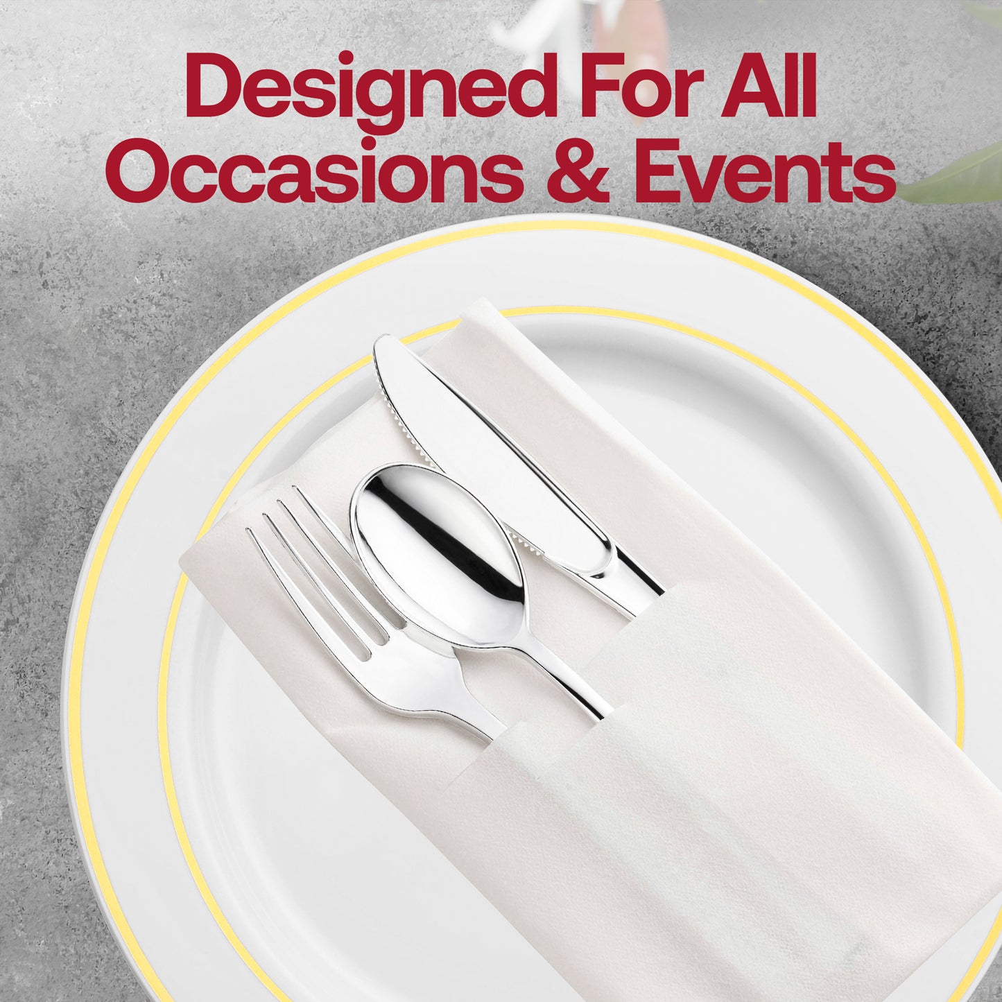 Silver Disposable Plastic Cutlery in White Pocket Napkin Set - 7 Napkins, 7 Forks, 7 Knives, and 7 Spoons
