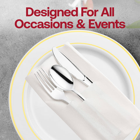 Silver Disposable Plastic Cutlery in White Pocket Napkin Set - 7 Napkins, 7 Forks, 7 Knives, and 7 Spoons
