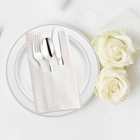 Silver Disposable Plastic Cutlery in White Pocket Napkin Set - 7 Napkins, 7 Forks, 7 Knives, and 7 Spoons
