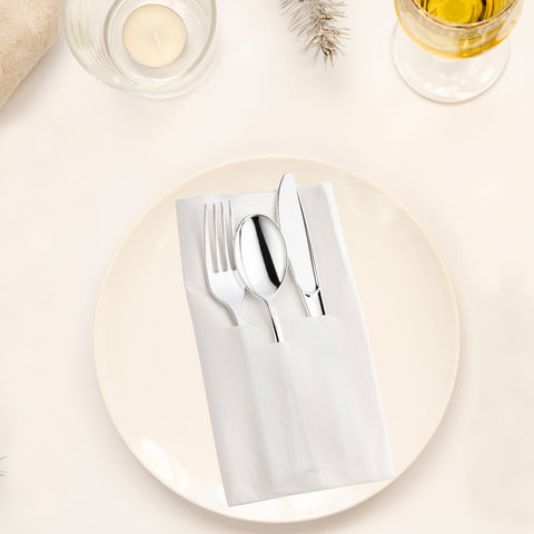 Silver Disposable Plastic Cutlery in White Pocket Napkin Set - 7 Napkins, 7 Forks, 7 Knives, and 7 Spoons