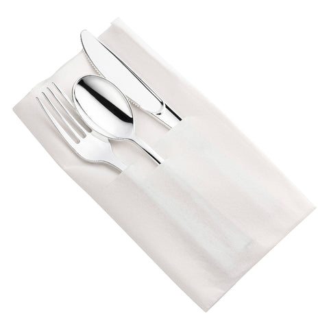 Silver Disposable Plastic Cutlery in White Pocket Napkin Set - 7 Napkins, 7 Forks, 7 Knives, and 7 Spoons