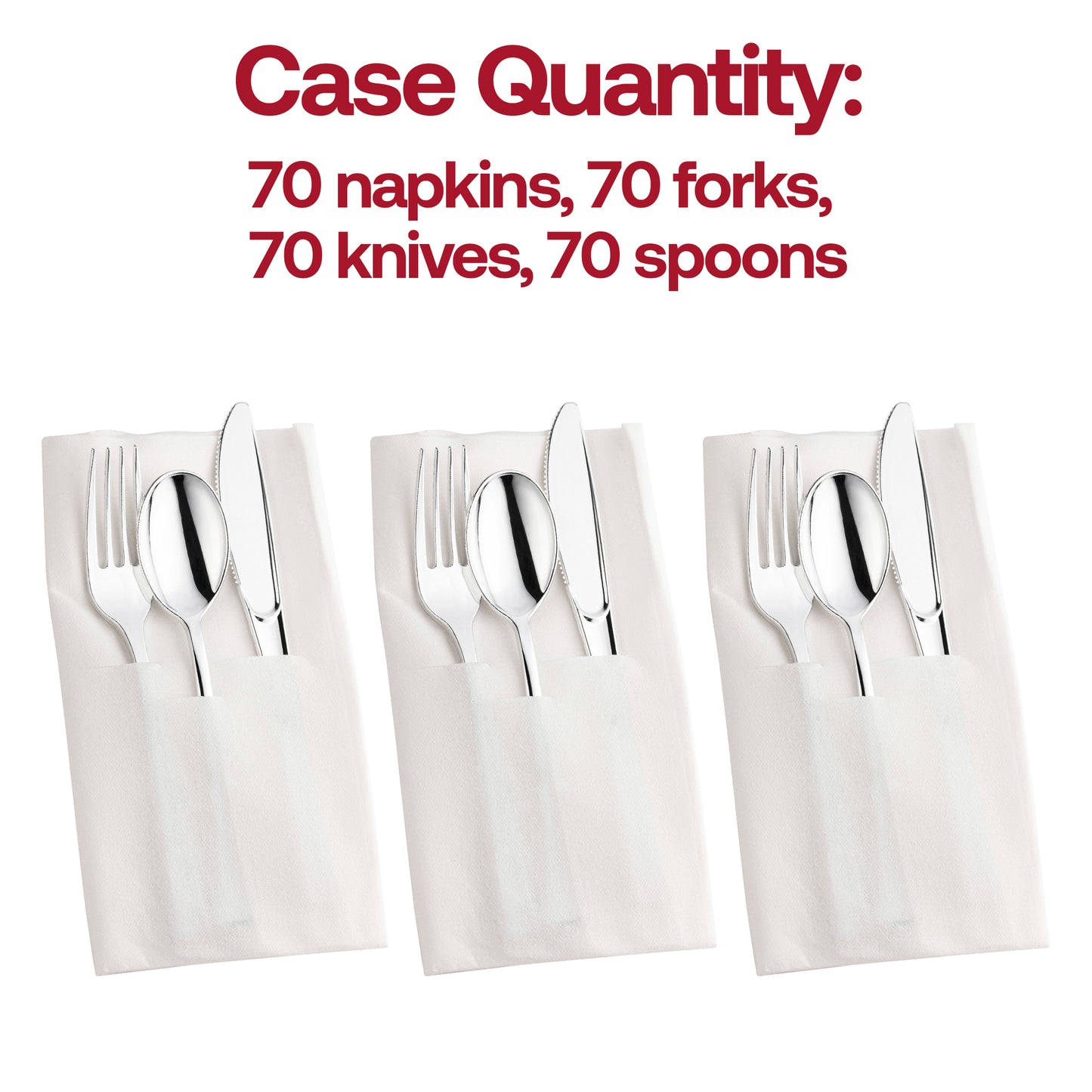 Silver Disposable Plastic Cutlery in White Pocket Napkin Set - 7 Napkins, 7 Forks, 7 Knives, and 7 Spoons
